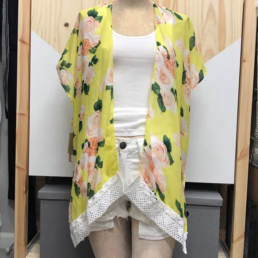Handmade Kimono Jacket in Yellow with Pink Roses